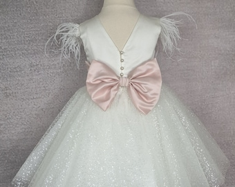 Glitter tulle flower girl dress with pink bow. Ivory  baby dress. Knee or tea dress. Wedding dress.