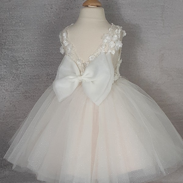 Sparkly flower girl dress ,5 layers  tulle baby dress, Glitter bridesmaid dess,Ivory white girl dress. Wedding dress.