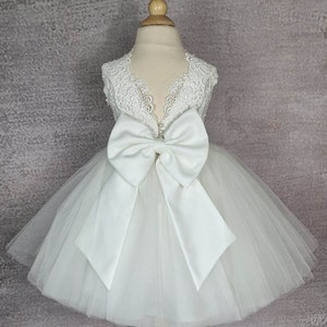 Flower girl dress. Tulle flower girl dress with bow. Ivory or white baby dress. Wedding dress. image 9