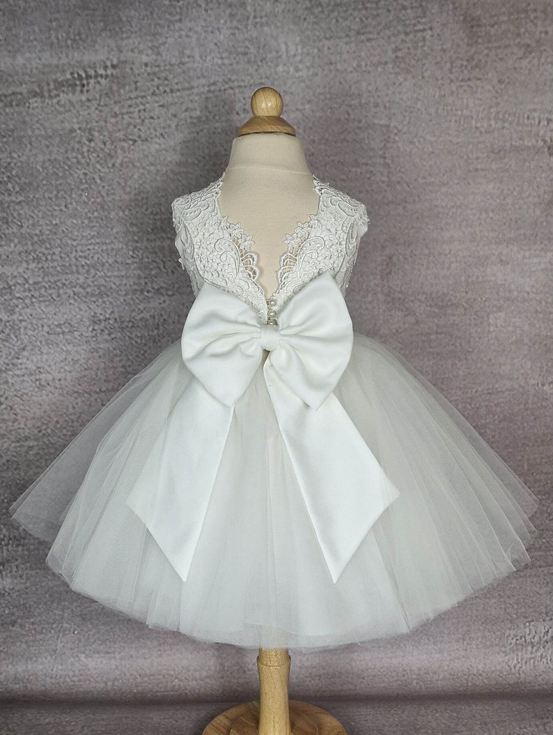 Flower girl dress. Tulle flower girl dress with bow. Ivory or white baby dress. Wedding dress. image 9