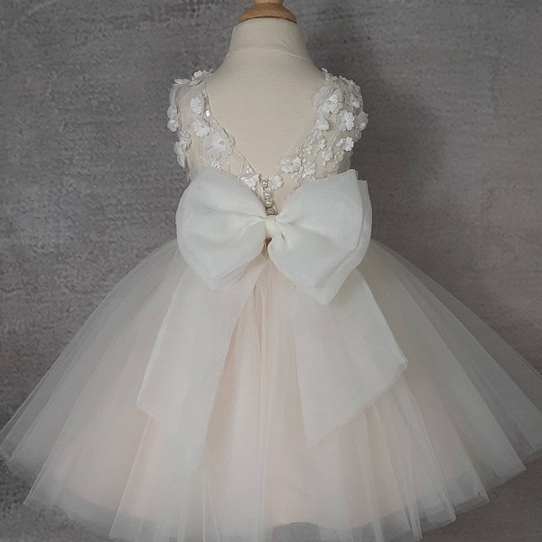 Tulle flower girl dress, Baby dress, Lace 3d dress, Birthday dress, Communion dress,  Wedding.