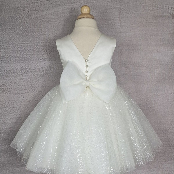 Glitter tulle flower girl dress with organza bow. Ivory  baby girl dress. Toddler flower girl dress. Christmas dress.