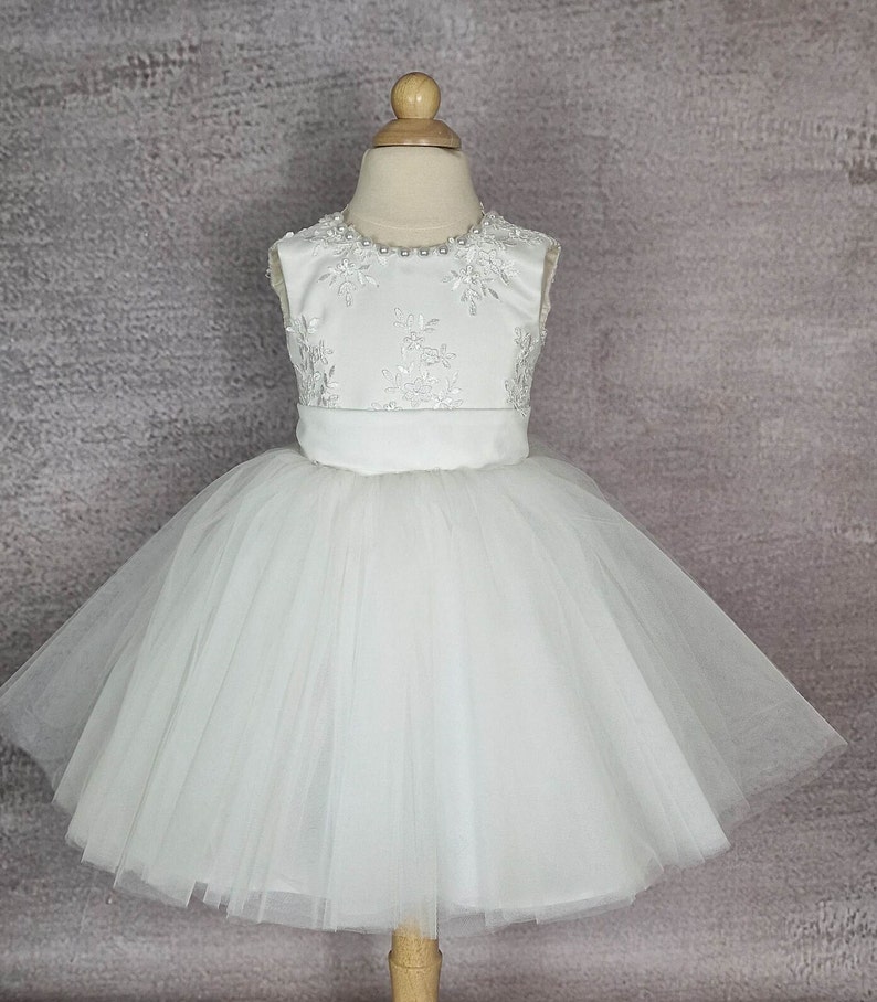 Flower girl dress. Tulle flower girl dress with bow. Ivory or white baby dress. Wedding dress. image 1