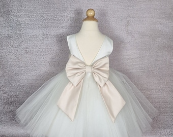 Elegant tulle girl dress with beige bow, Satin girl dress,  Baby dress. Knee or Tea dress. Wedding dress.