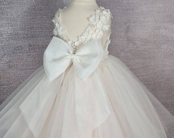 Floor length  flower girl dress, Full length baby dress, Lace 3D dress, Communion dress, Wedding dress.