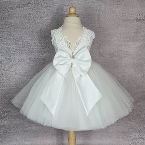 Flower girl dress. Tulle flower girl dress with bow. Ivory or white baby dress. Wedding dress. image 2