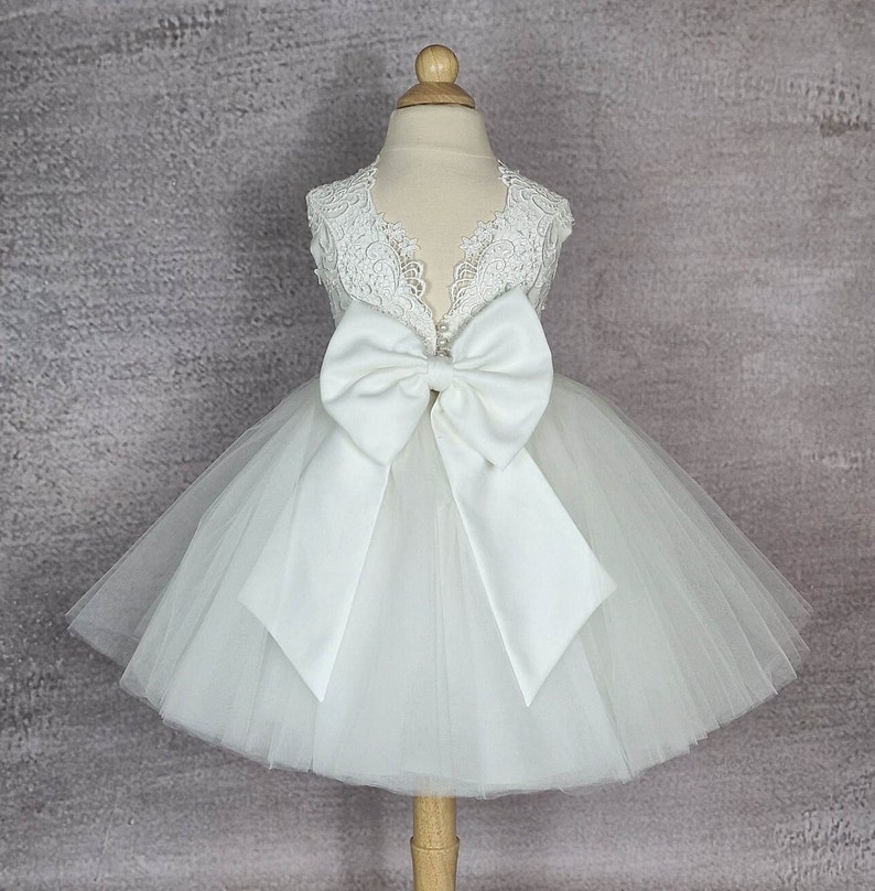 Flower girl dress. Tulle flower girl dress with bow. Ivory or white baby dress. Wedding dress. image 2