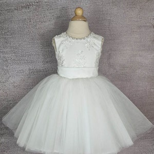 Flower girl dress. Tulle flower girl dress with bow. Ivory or white baby dress. Wedding dress. image 7