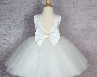 Flower girl dress,, Tulle girl dress with pearls, Ivory baby dress, Wedding dress.