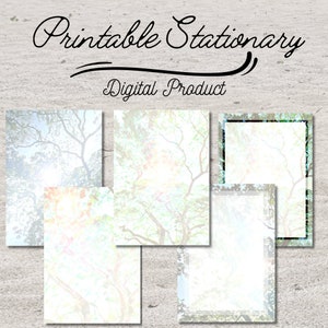 May include: Printable stationery featuring a digital design of a tree canopy with a white background. The design is available in four different formats, including a standard sheet, a sheet with a border, and two sheets with different layouts.