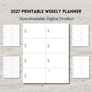 Afdrukbare weekplanner voor 2027, start op maandag, staand, vakvakken, blanco, gelinieerd en gestippeld, A5, A4- en Letter-formaat, pdf