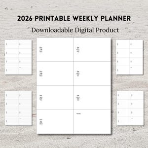 Afdrukbare weekplanner voor 2026, zondagstart, staand, vakvakken, blanco, gelinieerd en gestippeld, A5-, A4- en Letter-formaat, pdf