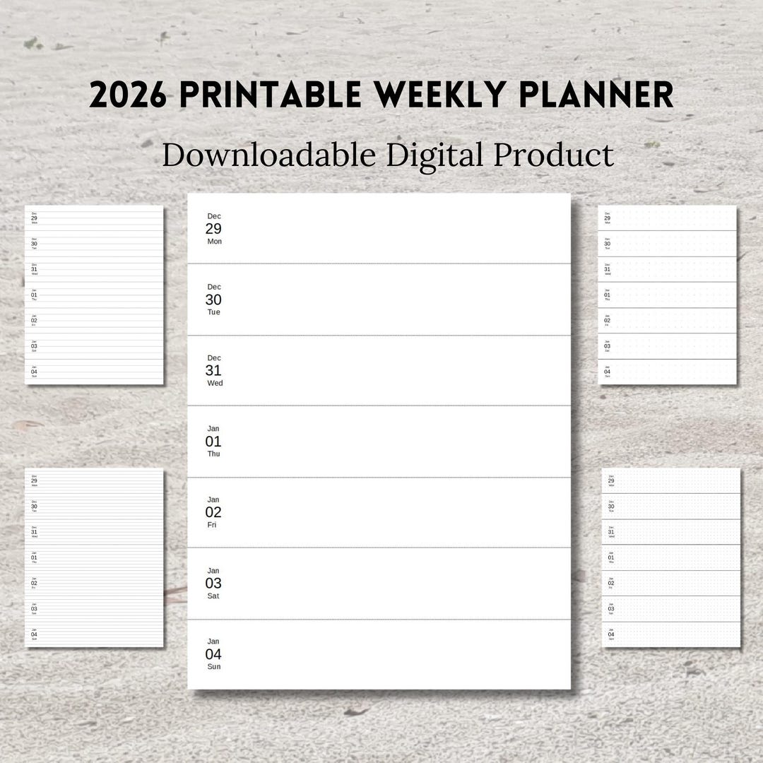 Printable 2026 Weekly Dated Planner, Monday Start, Portrait, Horizontal ...