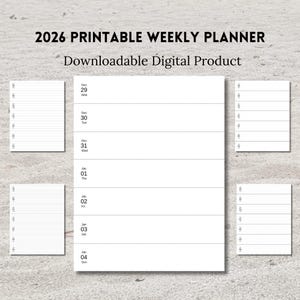 May include: A printable weekly planner for 2026, a downloadable digital product. The design features a large white weekly layout with dates from December 29 to January 4. Additional lined pages are included on the sides.