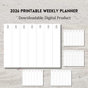 May include: A white 2026 printable weekly planner with the text "2026 PRINTABLE WEEKLY PLANNER" and "Downloadable Digital Product". The planner includes dates from December 29 to January 4. Additional smaller planner templates are also shown.