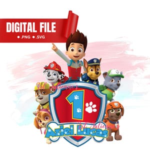 May include: A red shield with a white number one and paw prints. The shield is surrounded by characters from the cartoon show Paw Patrol. The characters include Chase, Marshall, Skye, Rocky, Rubble, and Zuma. The text "Aviel Lucas" is written below the shield.
