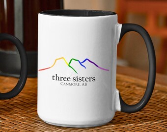 Three Sisters Pride Coffee Mug with Color Inside, 3 Sisters Canmore Rainbow Coffee Cup, Banff Alberta Rocky Mountain Gift, Large Java Cup