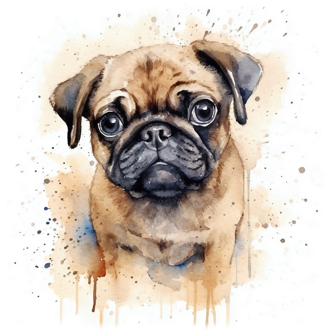 Adorable Pug Puppy Watercolor Painting | A High Quality Wall Art ...