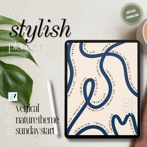 May include: A digital planner with a cream background and navy blue abstract design. The text "TWENTY SIX" is repeated throughout the design. The planner includes the numbers "2026" and the words "vertical", "nature theme", and "sunday start".