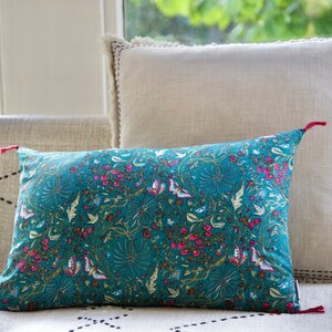 May include: Two decorative throw pillows on a sofa. The front pillow is teal blue with a floral and butterfly pattern. The back pillow is off-white with a fringe trim.