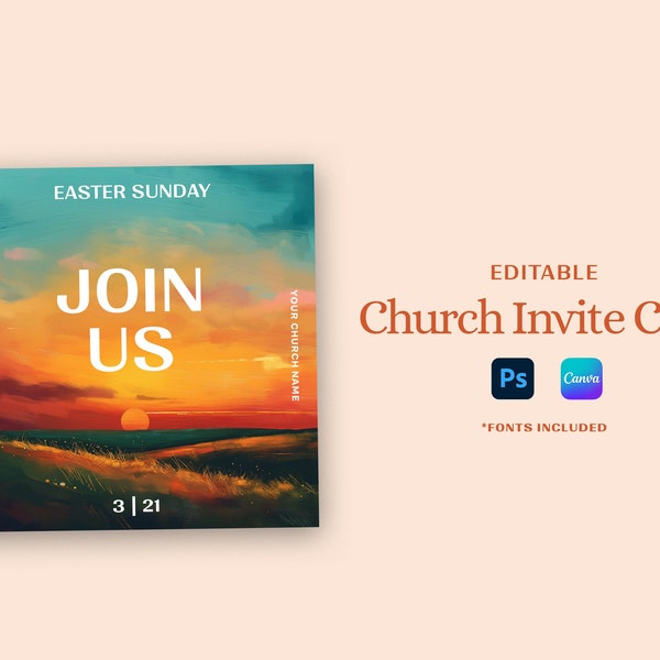 Easter Church Invite Card | Customizable Invite Card For Easter Service | Canva and Photoshop Editable Invite Card