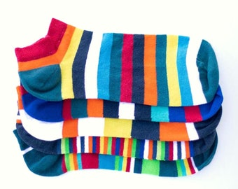 5 Paar bunte Sneakersocken mit Streifen für Damen, Herren, Kinder | Rockiger Ringel Geschenkbox