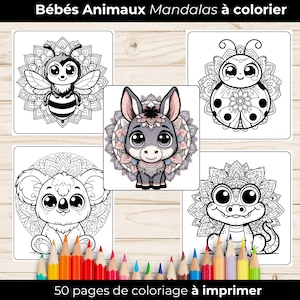 Puede incluir: Un conjunto de 50 páginas para colorear con adorables animales bebés con diseños de mandalas. Los animales incluyen una abeja, un burro, un koala y un caimán. Las páginas son en blanco y negro y están listas para ser coloreadas.