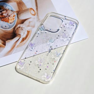 樹脂製バタフライ＆スター スマホケース、ブルーパープル スパークル ブリンブリン スマホケース、3Dカスタムスマホケース、iPhone 12/13/14/15/16、Samsung用スマホケース