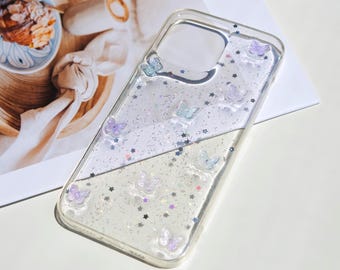 Resin Butterfly & Star Phone Case, Blue Purple Sparkle Bling Phone Case, 3D Custom Phone Case, Phone Case for iPhone 12/13/14/15/16, Samsung