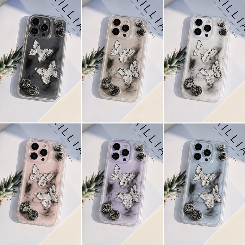 May include: Six phone cases with butterfly and rose designs. Each case has a clear background with a marble effect and silver butterflies. The cases are available in black, beige, white, pink, purple, and blue.