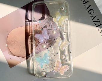 Resin Butterfly Pearl Phone Case: Glitter Bling 3D Custom Phone Case for iPhone 17 16 15 14 13 12 11 Pro Max Plus Air, Samsung S25 S24 S23