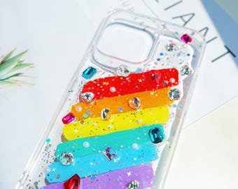 Rainbow Resin Phone Case: 3D Rhinestone Pearl Bling - iPhone & Samsung