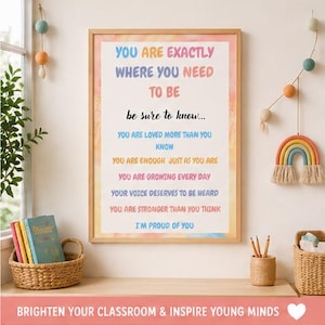 Puede incluir: Un cartel enmarcado con el texto "YOU ARE EXACTLY WHERE YOU NEED TO BE" en letras coloridas. El cartel está sobre un escritorio con libros, lápices y objetos decorativos. La parte inferior de la imagen dice "BRIGHTEN YOUR CLASSROOM & INSPIRE YOUNG MINDS."
