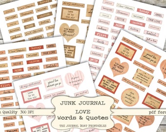 Love Words, Junk Journal Word Labels, Valentine Word labels, Junk Journal Printable, Junk Journal Supplies, Vintage ephemera