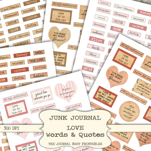 Love Words, Junk Journal Word Labels, Valentine Word labels, Junk Journal Printable, Junk Journal Supplies, Vintage ephemera