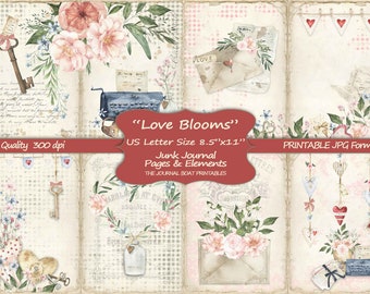 Love Blooms Junk Journal Kit, US Letter size,  Junk Journal Printable, Junk Journal Ephemera, Junk Journal Supplies, Valentine Journal Kit