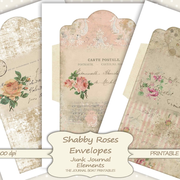 Shabby Roses Envelopes, Junk Journal Ephemera, Vintage Roses, Junk Journal printable, Junk Journal Supplies, Collage Sheets, Shabby Chic