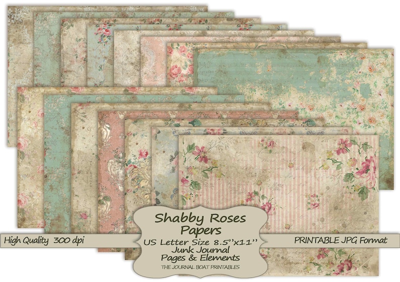 Shabby Rose-papper, utskrivbara skräpjournaler i A4-storlek, Grungy Vintage, digital skräpjournal, skräpjournalmaterial, collageark bild 6
