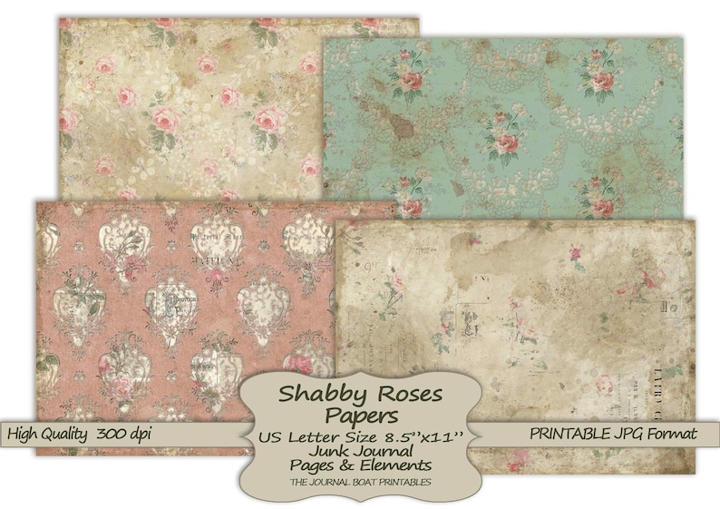 Shabby Rose-papper, utskrivbara skräpjournaler i A4-storlek, Grungy Vintage, digital skräpjournal, skräpjournalmaterial, collageark bild 9