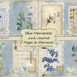 Kit numérique de journal indésirable, souvenirs bleus, kit éphémère vintage, feuilles de collage, pages de journal, journal indésirable bricolage, papier imprimable