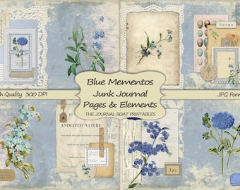 May include: A digital collage of blue flowers, vintage papers, and text elements. The text reads "Blue Mementos Junk Journal Pages & Elements The Journal Boat Printables".