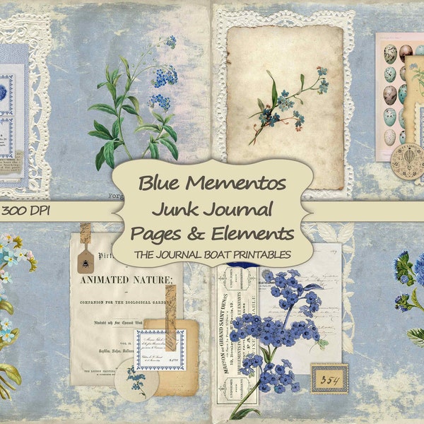 Junk Journal Digital Kit, Blue Mementos, vintage ephemera kit, collage sheets, journal pages, junk journal DIY, printable paper