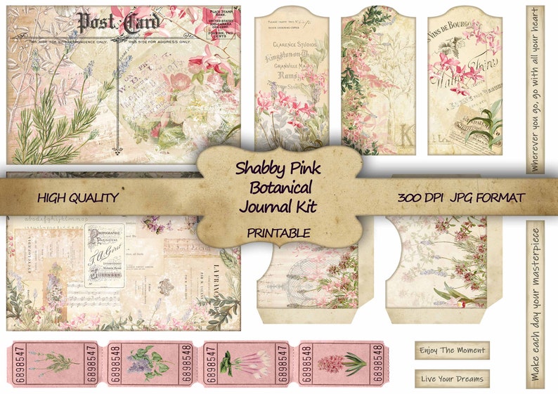 Junk Journal Kit Shabby Pink Botanical Printable Paper Shabby Chic ...
