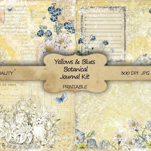 Junk Journal Kit Geel en blauw Botanisch Afdrukbaar papier Shabby Chic Dagboekpagina's Afdrukbaar Ephemera Collageblad Download