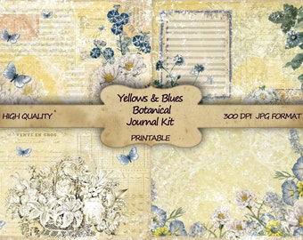 Junk Journal Kit Yellow and Blue Botanical Printable Paper Shabby Chic Journal Pages Printable Ephemera Collage Sheet Download