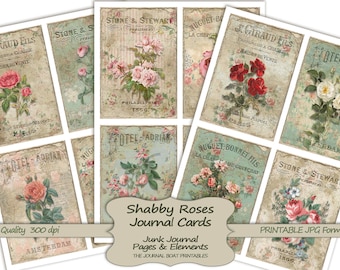 Shabby Roses Journal Cards, ATC, Printable, Digital Download, Collage Sheet, Flowers, Junk Journal Ephemera, Embellishments