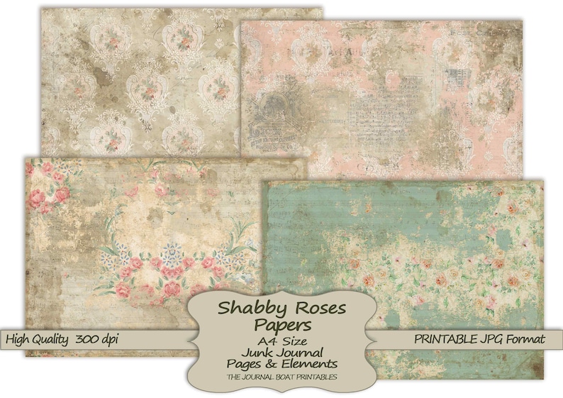 Shabby Rose-papper, utskrivbara skräpjournaler i A4-storlek, Grungy Vintage, digital skräpjournal, skräpjournalmaterial, collageark bild 3