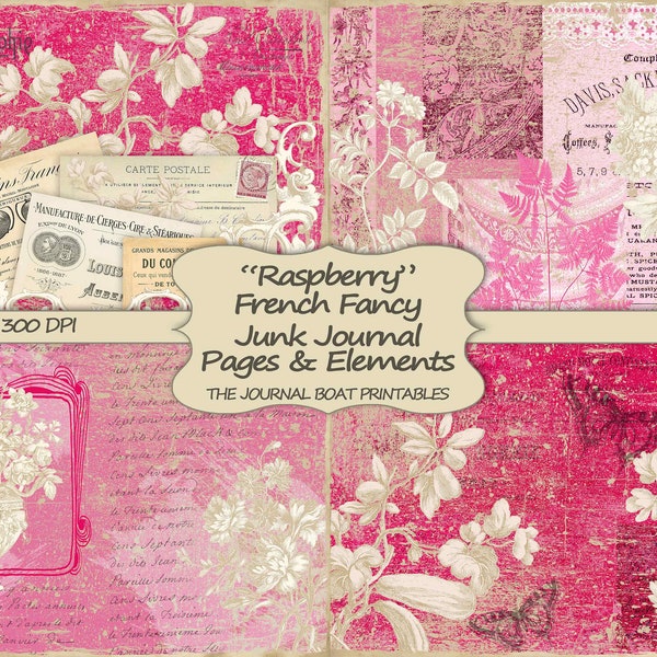 Printable Junk Journal Kit, Raspberry French Fancy, Ephemera, Journal Pages, Collage Sheets, Digital Download, Shabby Chic