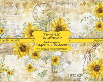 Junk Journal Kit, Timeless Sunflower, Vintage Ephemera, Collage Sheets, Digital Download Kit, Printable Paper, Journal Pages, Shabby Chic