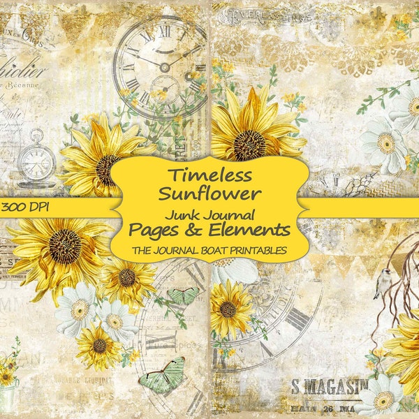 Junk Journal Kit, Timeless Sunflower, Vintage Ephemera, Collage Sheets, Digital Download Kit, Printable Paper, Journal Pages, Shabby Chic